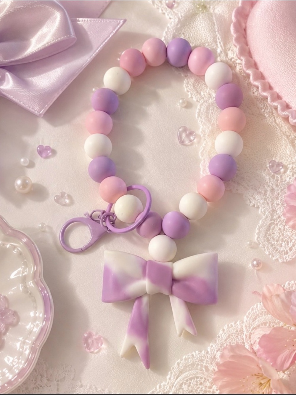 Hand Crafted Pink Lavender White Beaded Bow Wristlet Keychain